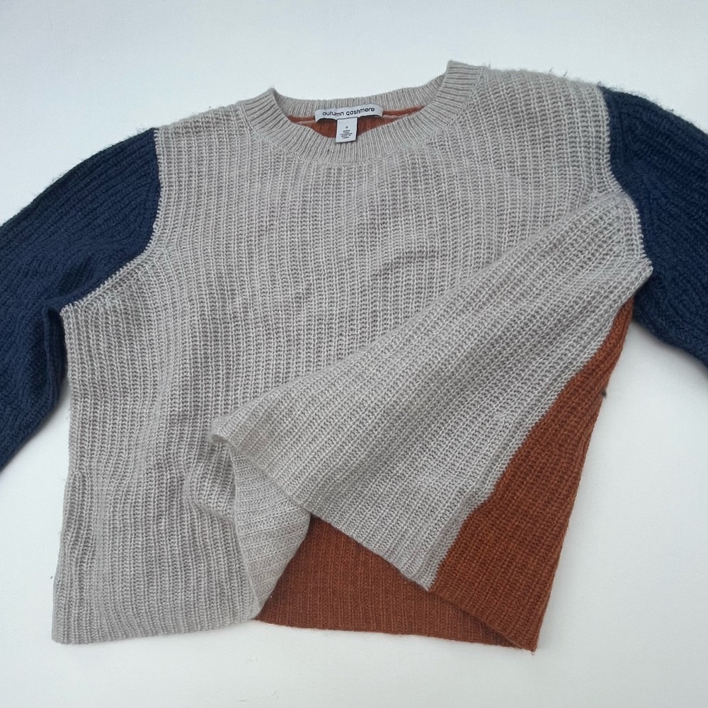 Autumn Cashmere cuffed shaker cropped color block sweater Sz Small 100% Cashmere